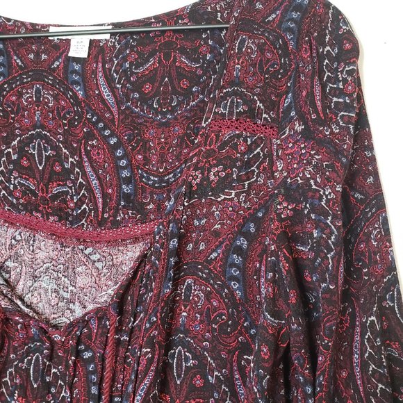 American Eagle Drop Waist Paisley Floral Dress S Maroon Burgundy Peasant Boho - Picture 2 of 10